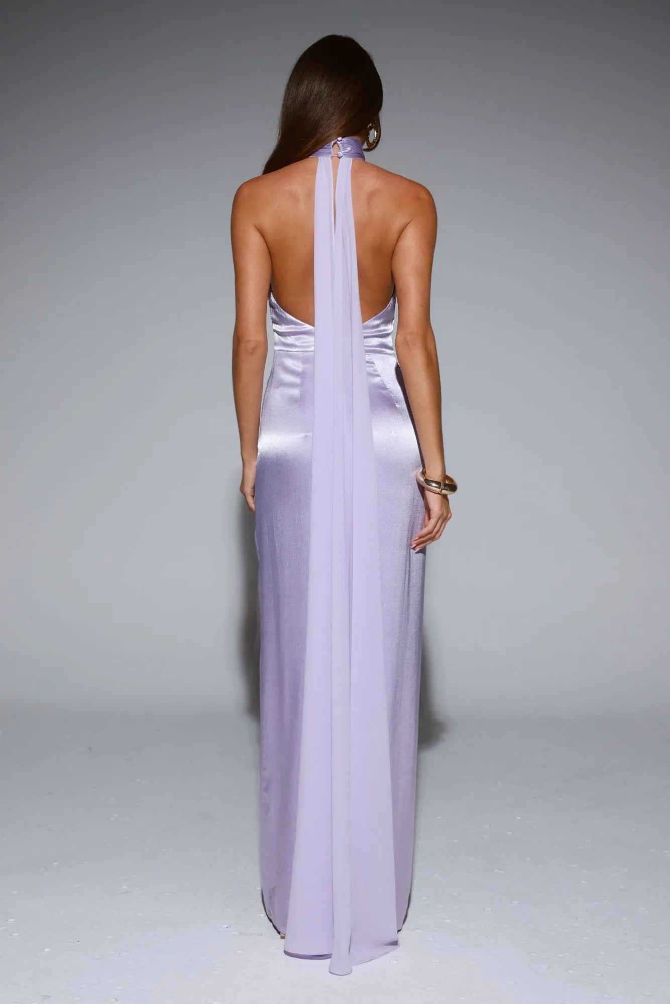 Elegant Lilac Sheath Halter Neck Sleeveless Open Back Floor-Length Satin Prom Dresses with High Slit