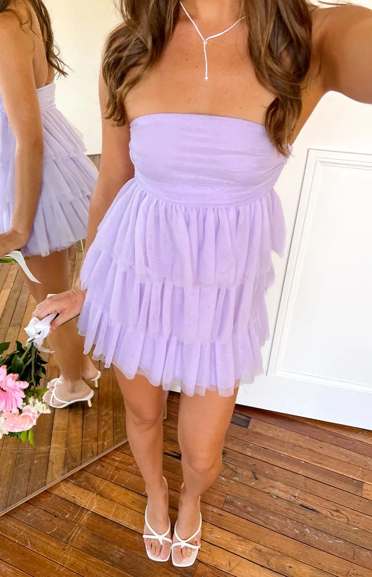 Elegant Lilac Strapless Ruffle Homecoming Dresses Featuring Tiered Ruffles Bandeau Design for women