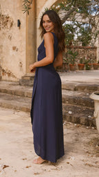 Elegant Long Navy Satin  V Neck no Sleeves for sale Chiffon Prom Dresses for Women's Special Occasions
