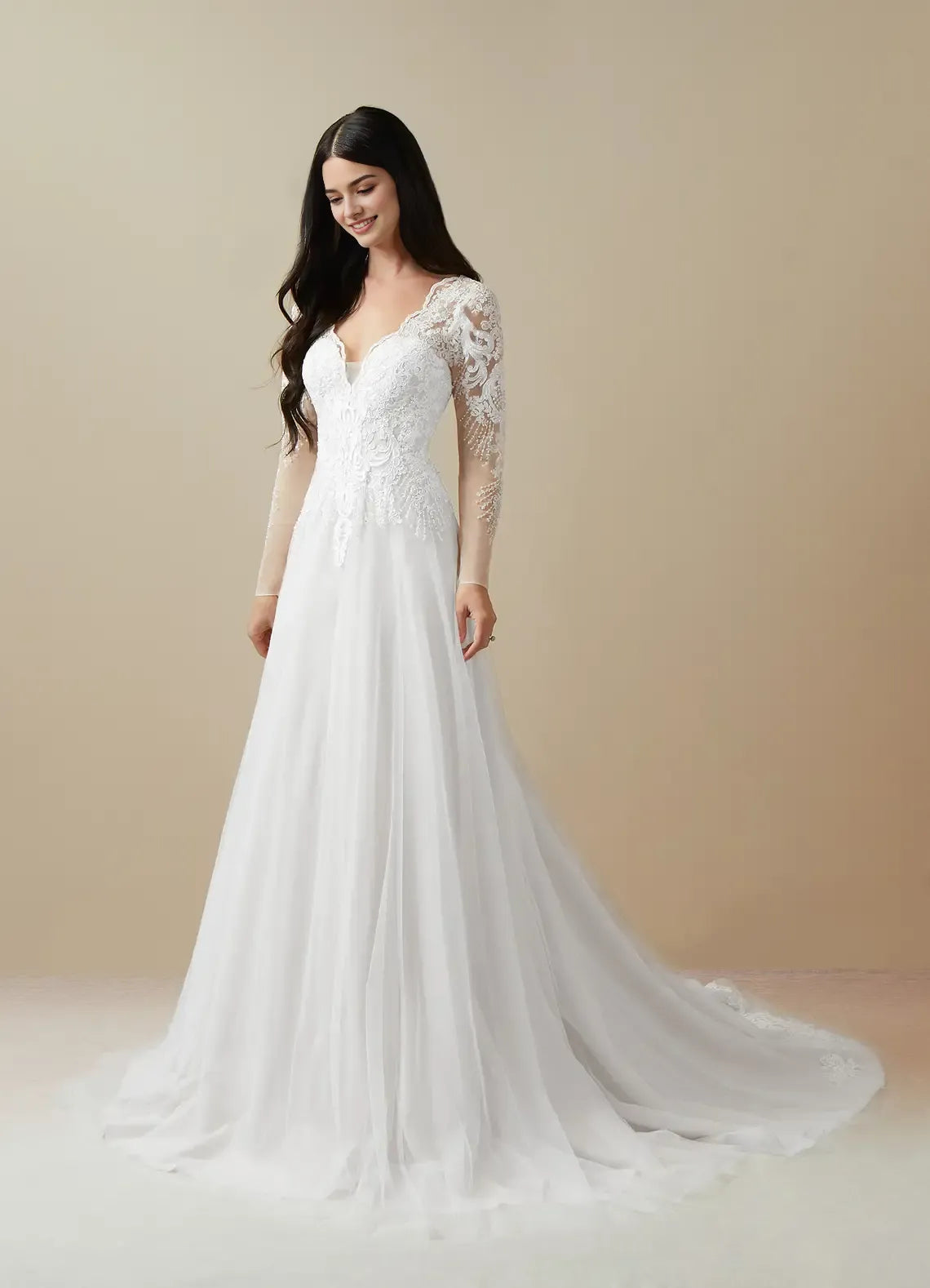 Elegant Long Sleeve Lace Diamond White A-Line V-Neck Sequins Tulle Wedding Dress Sheer Plunging Floral Embroidery Train for Romantic Weddings