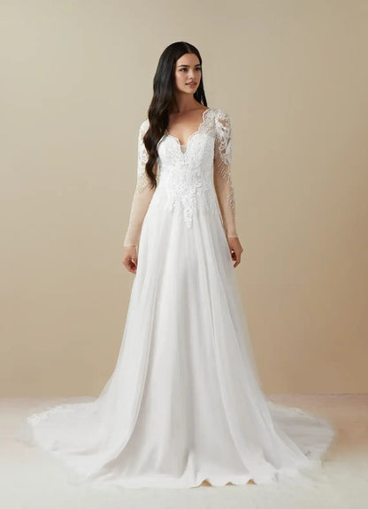 Elegant Long Sleeve Lace Diamond White A-Line V-Neck Sequins Tulle Wedding Dress Sheer Plunging Floral Embroidery Train for Romantic Weddings
