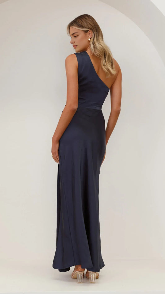 Elegant  Long with slit Navy tight for sale for women Mermaid Satin Single shoulder Prom Dresses