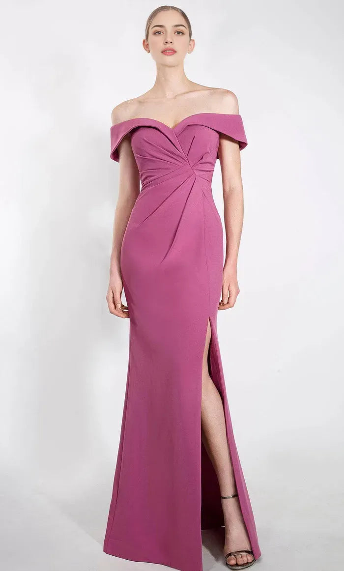 Elegant Magenta Off - Shoulder Evening Dress with Twist Front and Side Slit for Formal Occasions