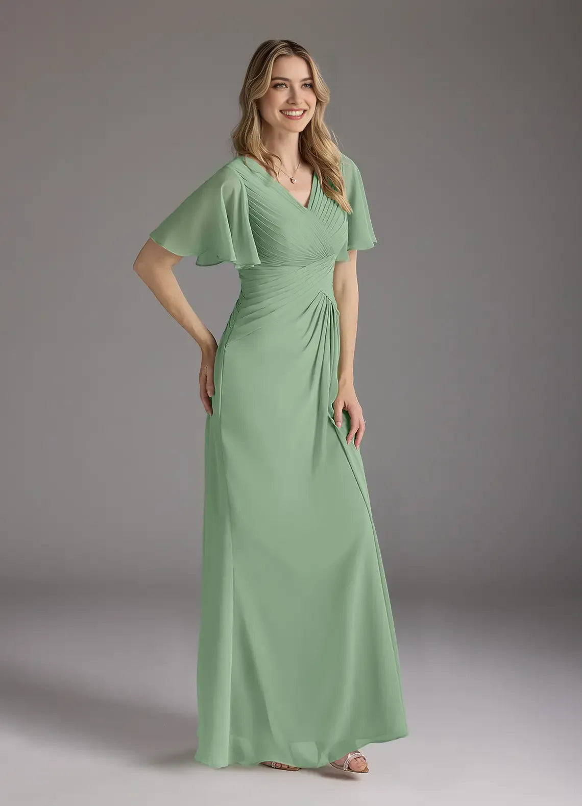 Elegant Matcha A-Line Exquisite V - Neck Chiffon Sleeves Ruched Chiffon Mother of the Bride Dress Hot Sale