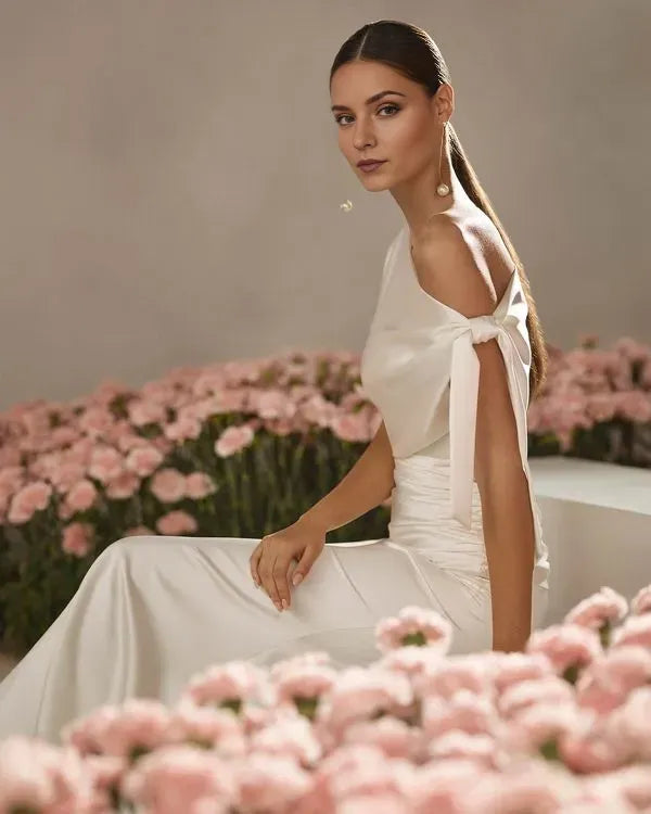 Elegant Mermaid Asymmetrical neckline draped sleeves Sweep/Brush Train Wedding Dresses for bride hot sale