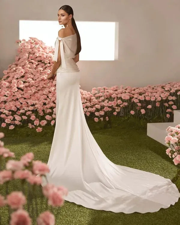 Elegant Mermaid Asymmetrical neckline draped sleeves Sweep/Brush Train Wedding Dresses for bride hot sale