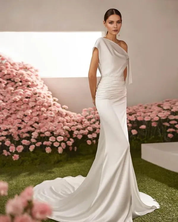 Elegant Mermaid Asymmetrical neckline draped sleeves Sweep/Brush Train Wedding Dresses for bride hot sale