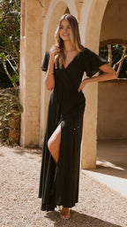 Elegant  Mermaid Black Chiffon Prom Dress with Flutter Sleeves Wrap V Neck Waist Design hot sale for women