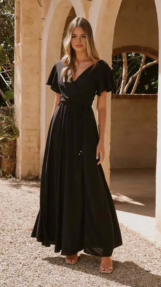 Elegant  Mermaid Black Chiffon Prom Dress with Flutter Sleeves Wrap V Neck Waist Design hot sale for women