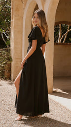 Elegant  Mermaid Black Chiffon Prom Dress with Flutter Sleeves Wrap V Neck Waist Design hot sale for women