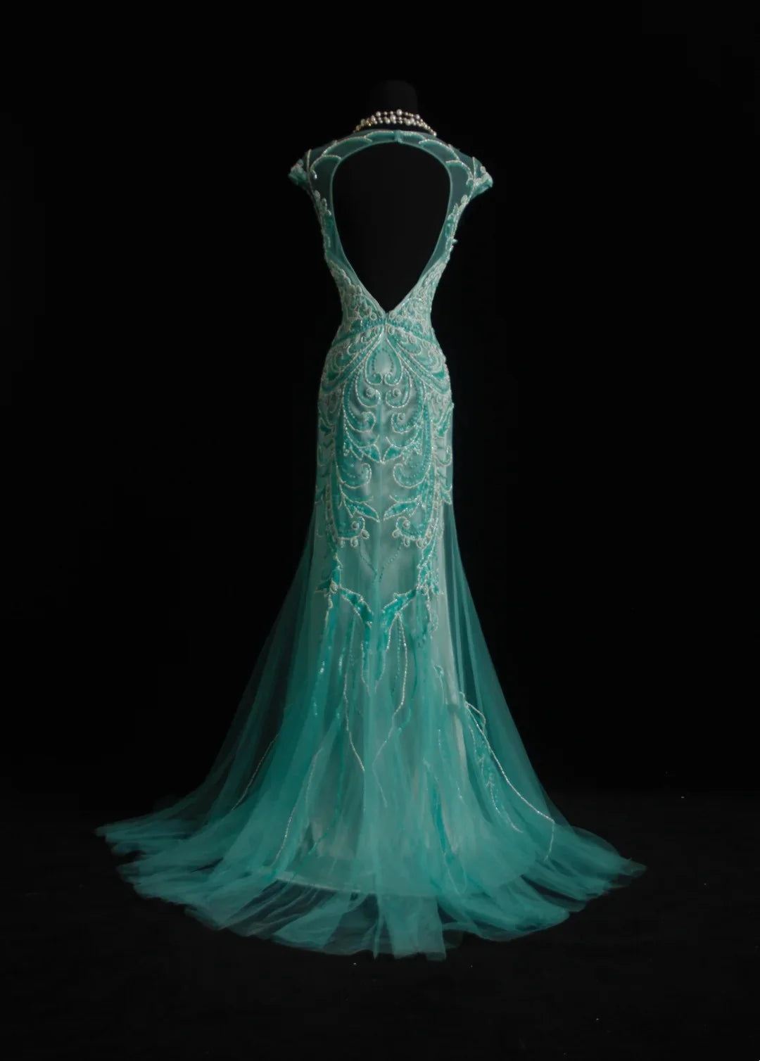 Elegant Mermaid Cap Sleeve Beaded Teal Tulle Maxi Prom Dress