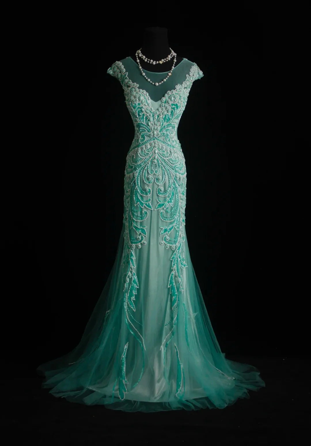 Elegant Mermaid Cap Sleeve Beaded Teal Tulle Maxi Prom Dress