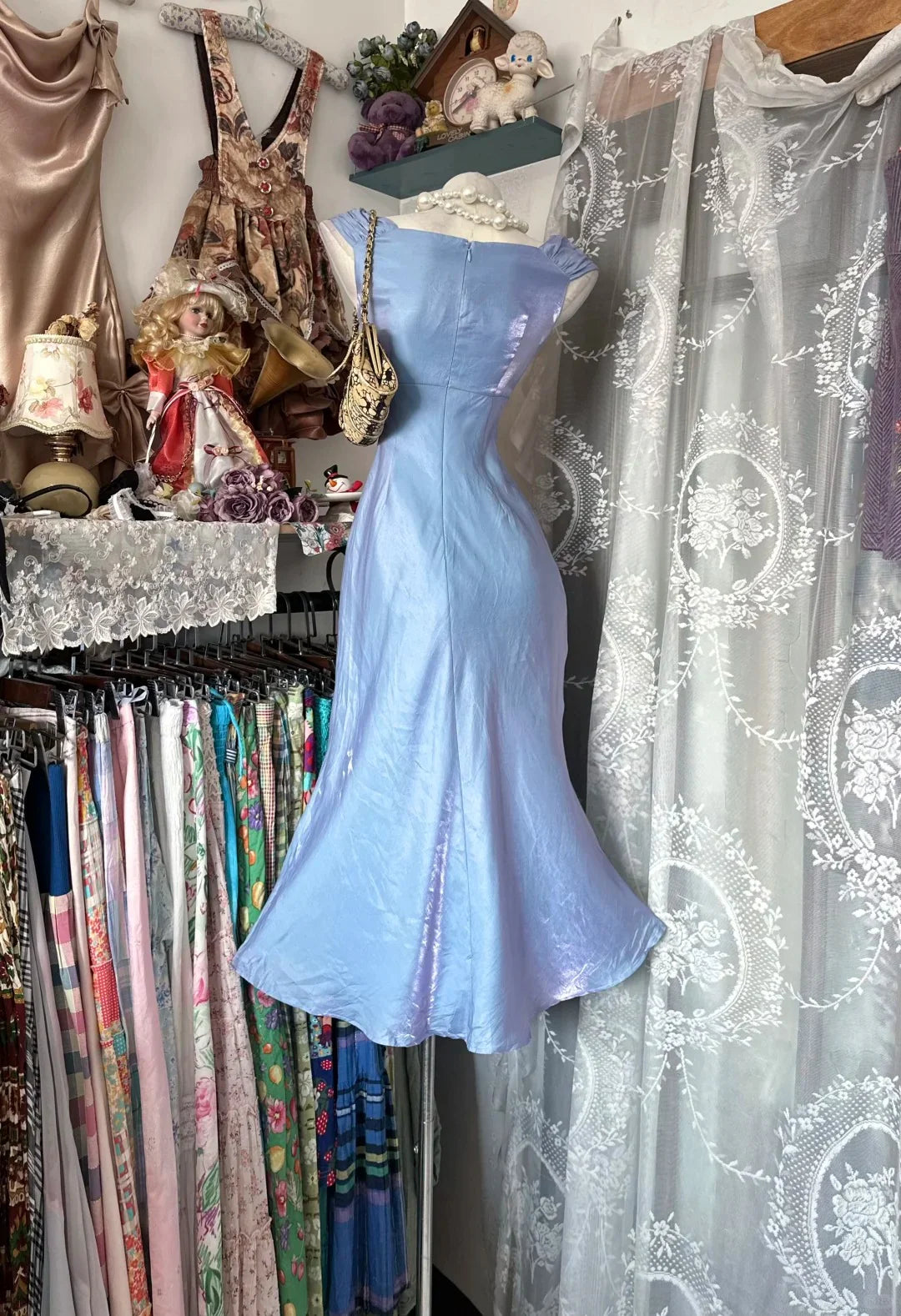 Elegant Mermaid Cap Sleeve Satin Light Blue Midi Prom Dress