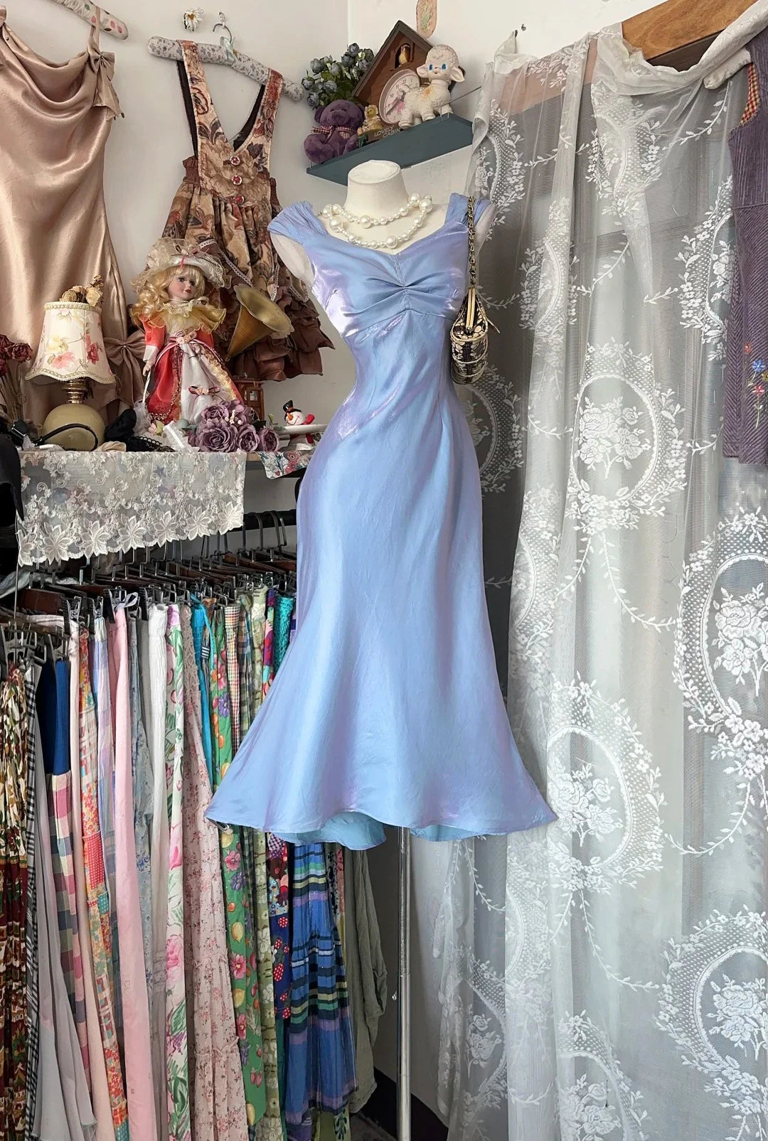 Elegant Mermaid Cap Sleeve Satin Light Blue Midi Prom Dress