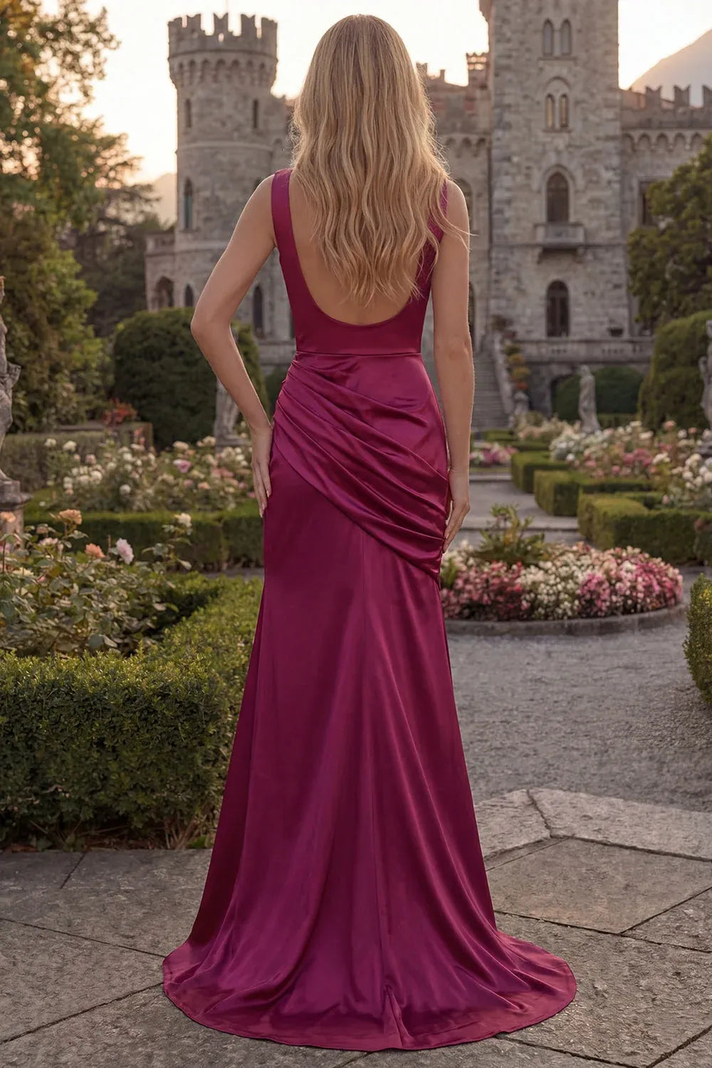 Elegant Mermaid Cowl Neck Ruched Slit Satin Burgundy Maxi Prom Dress
