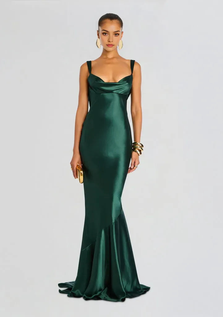 Elegant Mermaid Cowl Neck Sleeveless Backless Satin Floor-Length Prom Dresses for women Hot Sale