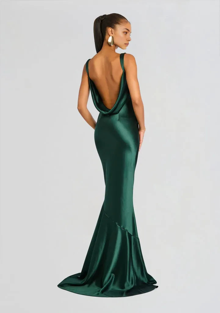 Elegant Mermaid Cowl Neck Sleeveless Backless Satin Floor-Length Prom Dresses for women Hot Sale