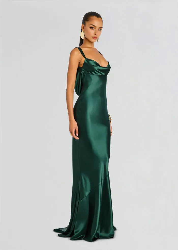 Elegant Mermaid Cowl Neck Sleeveless Backless Satin Floor-Length Prom Dresses for women Hot Sale
