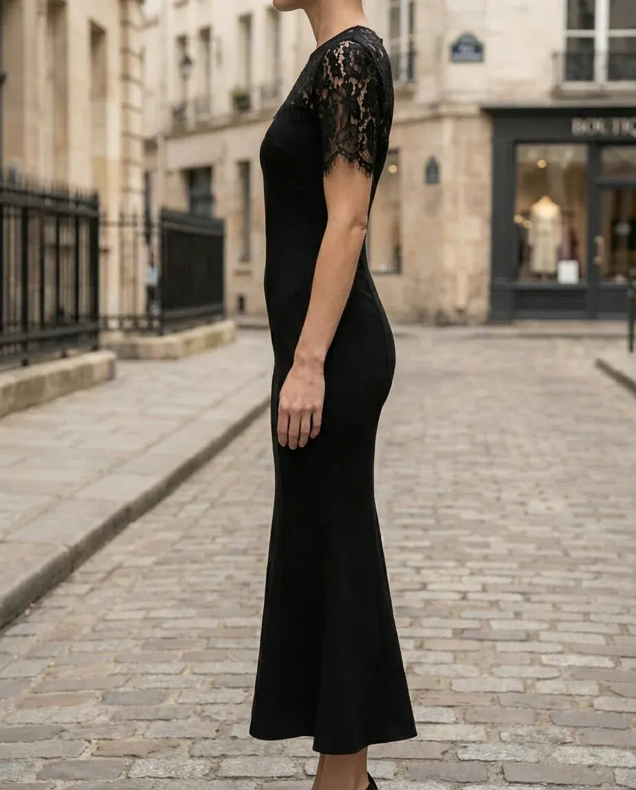 Elegant Mermaid Crew Neck Short Sleeve Floral Lace Black Midi Evening Dresses