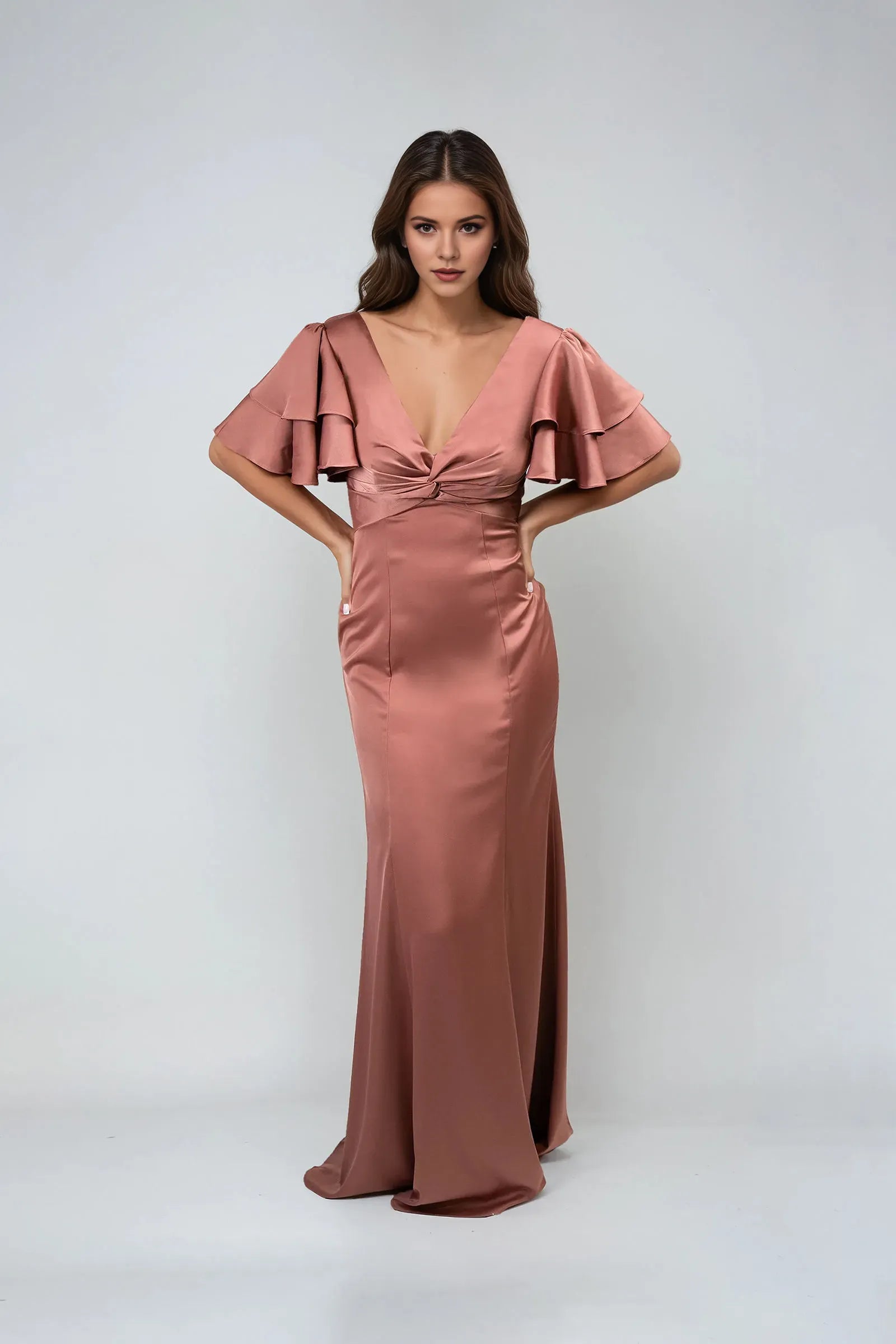 Elegant Mermaid Deep V-Neck Double Ruffle -Sleeve Flutter V back Back Zip Floor-Length Prom Dresses for women Hot Sale