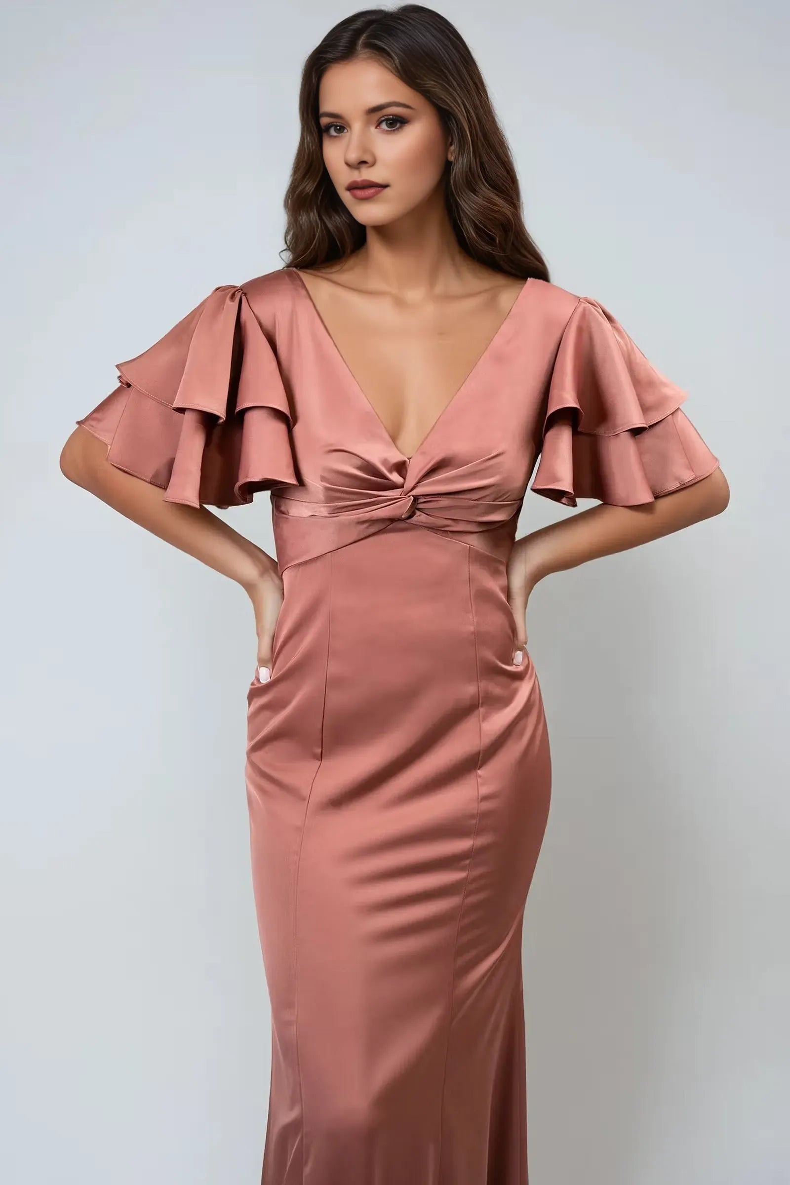 Elegant Mermaid Deep V-Neck Double Ruffle -Sleeve Flutter V back Back Zip Floor-Length Prom Dresses for women Hot Sale