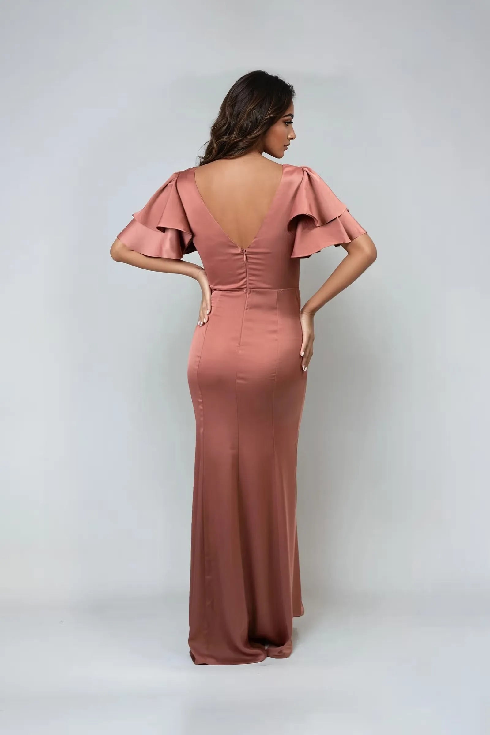 Elegant Mermaid Deep V-Neck Double Ruffle -Sleeve Flutter V back Back Zip Floor-Length Prom Dresses for women Hot Sale