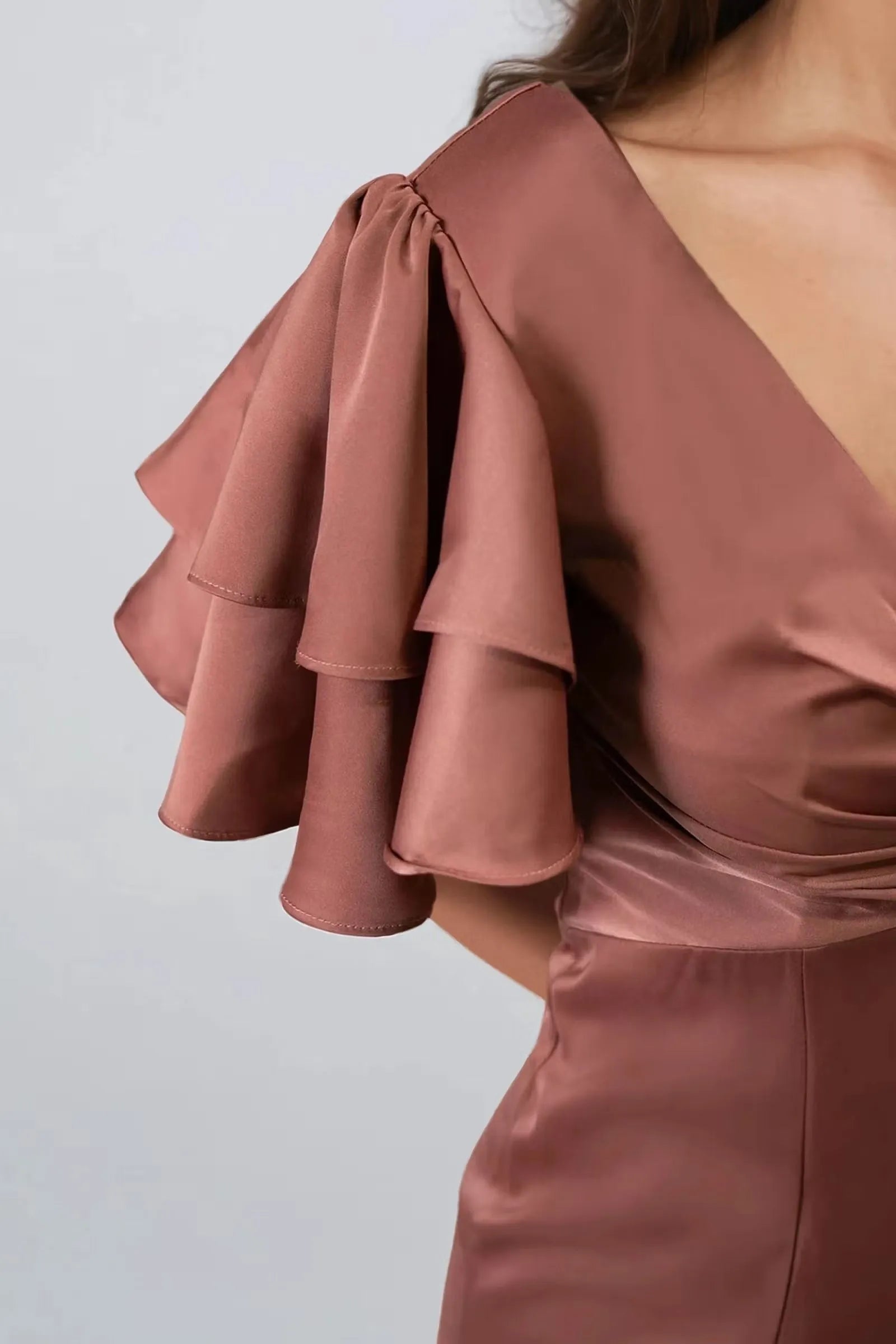 Elegant Mermaid Deep V-Neck Double Ruffle -Sleeve Flutter V back Back Zip Floor-Length Prom Dresses for women Hot Sale