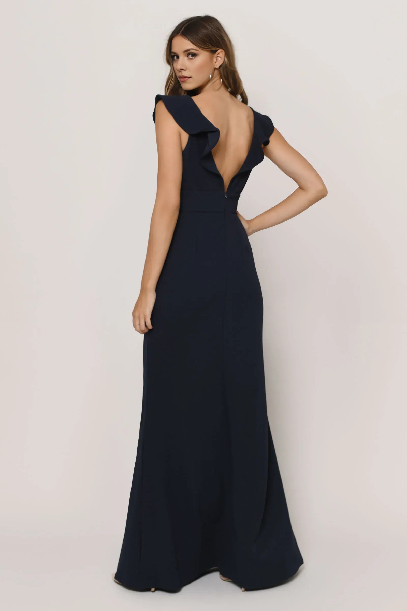 Elegant Mermaid Deep V-Neck Ruffled-Sleeve Back Zip Ankle-Length Prom Dresses for women Hot Sale