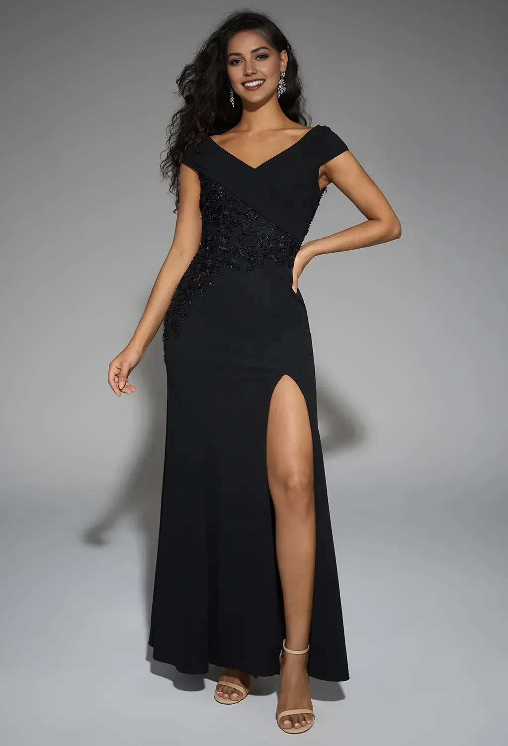 Elegant Mermaid Deep V Neck Off-The-Shoulder Zipper Back Floor-Length Formal Slit Mother Of The Bride Dresses