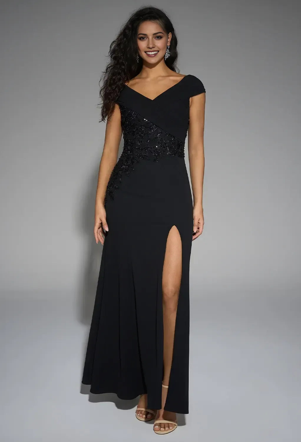 Elegant Mermaid Deep V Neck Off-The-Shoulder Zipper Back Floor-Length Formal Slit Mother Of The Bride Dresses