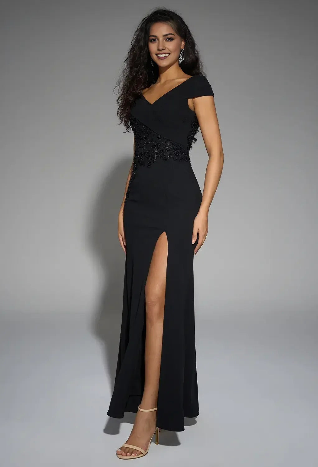 Elegant Mermaid Deep V Neck Off-The-Shoulder Zipper Back Floor-Length Formal Slit Mother Of The Bride Dresses