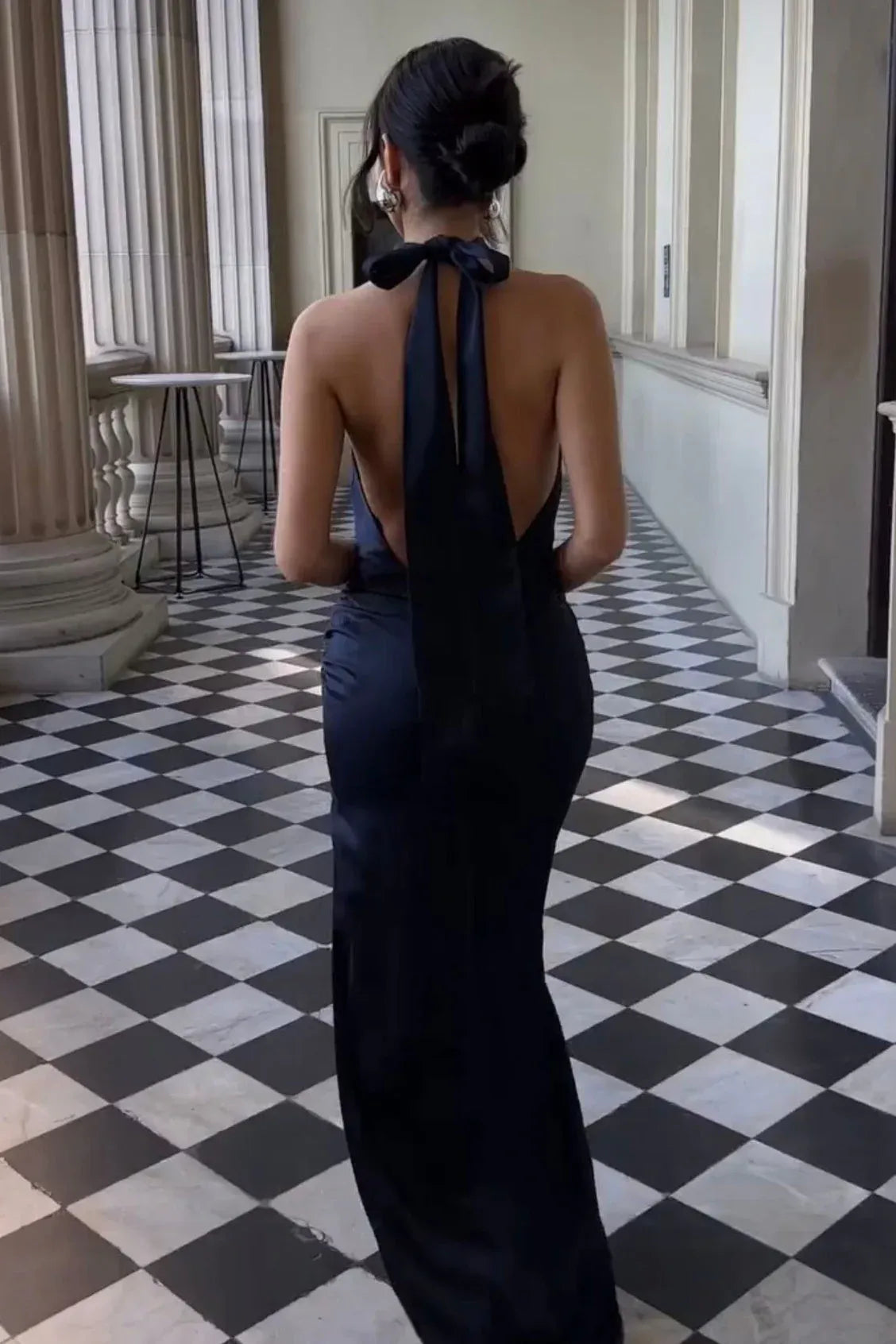 Elegant Mermaid Halter Backless Satin Navy Blue Floor Length Prom Dress