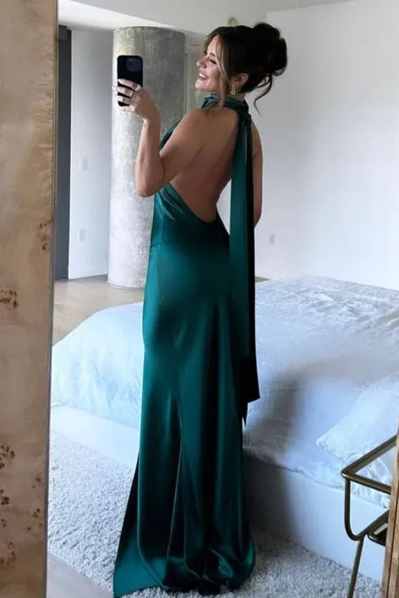 Elegant Mermaid Halter Backless Satin Navy Blue Floor Length Prom Dress