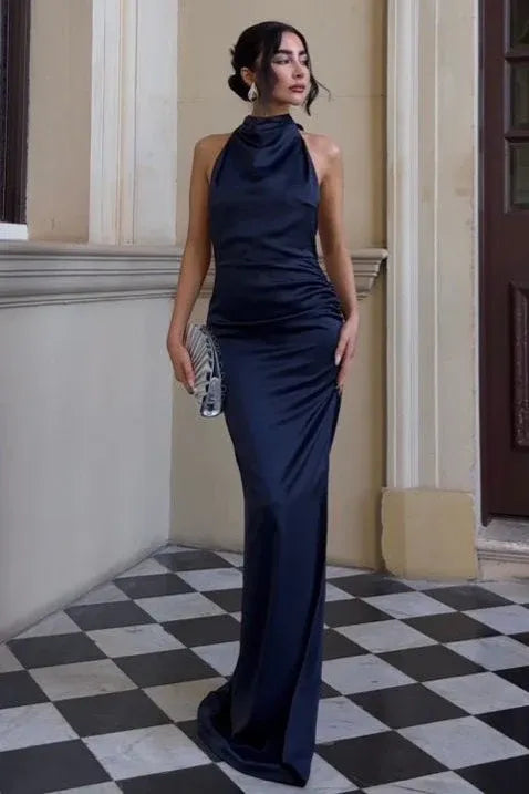 Elegant Mermaid Halter Backless Satin Navy Blue Floor Length Prom Dress