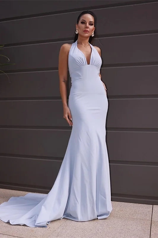 Elegant Mermaid Halter Bow Light Blue Maxi Prom Dress