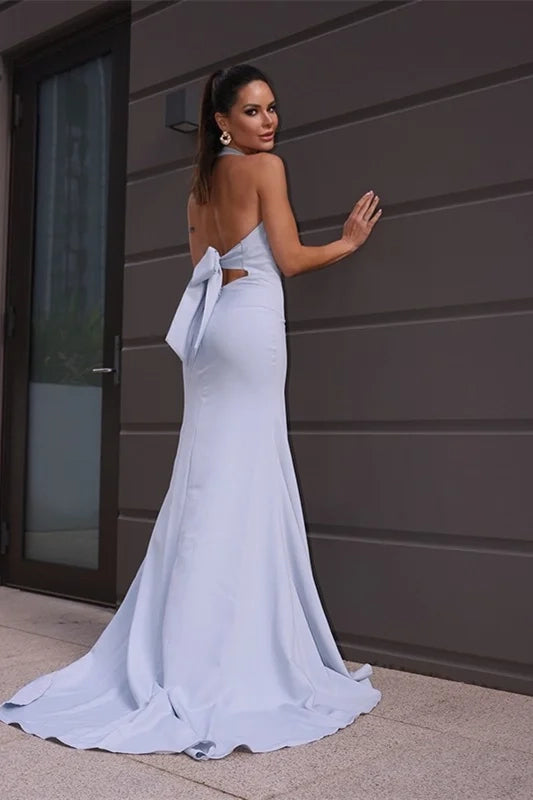 Elegant Mermaid Halter Bow Light Blue Maxi Prom Dress