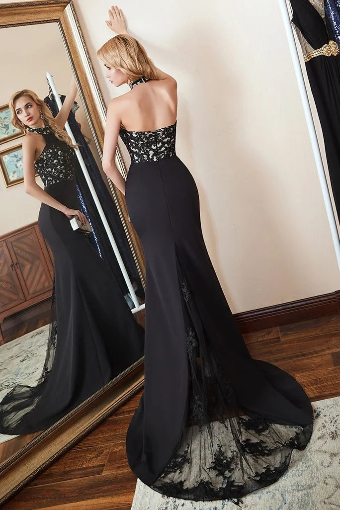 Elegant Mermaid Halter Lace Black Maxi Prom Dress
