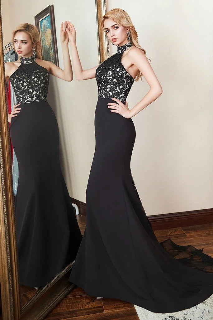 Elegant Mermaid Halter Lace Black Maxi Prom Dress