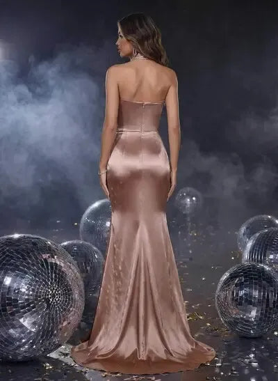 Elegant Mermaid Halter Ruched Satin Champagne Long Prom Dress With Slit