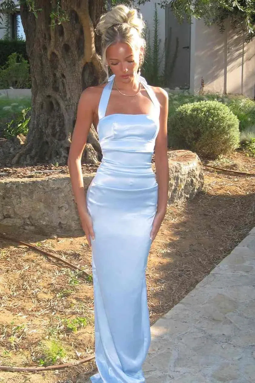 Elegant Mermaid Halter Ruched Satin Light Blue Floor Length Prom Dress Buy