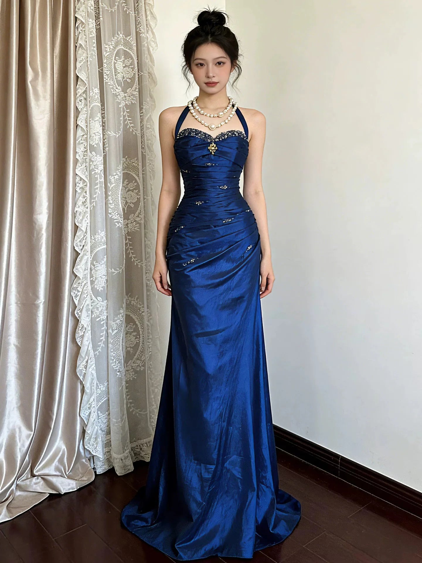 Elegant Mermaid Halter Satin Royal Blue Maxi Prom Dress