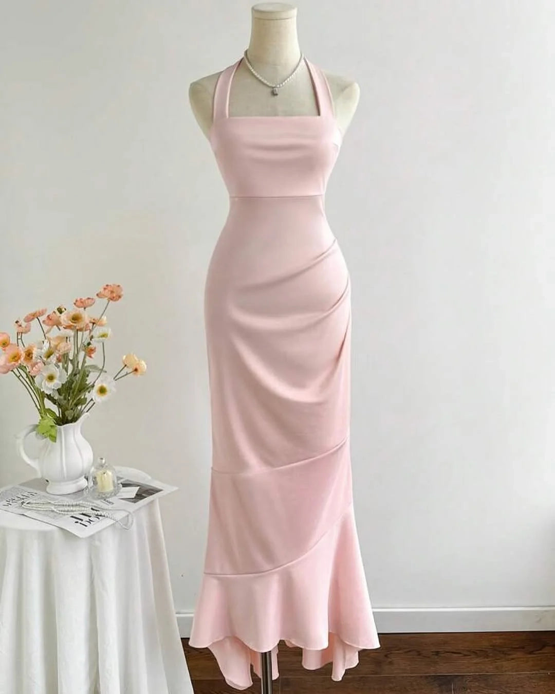 Elegant Mermaid Halter Sleeveless Ruched Blush Maxi Party Dress