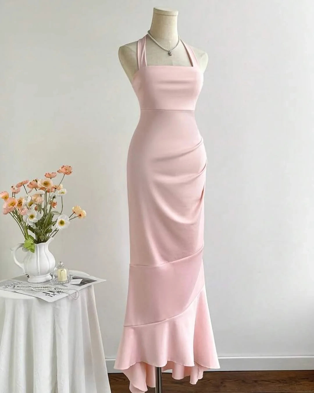 Elegant Mermaid Halter Sleeveless Ruched Blush Maxi Party Dress