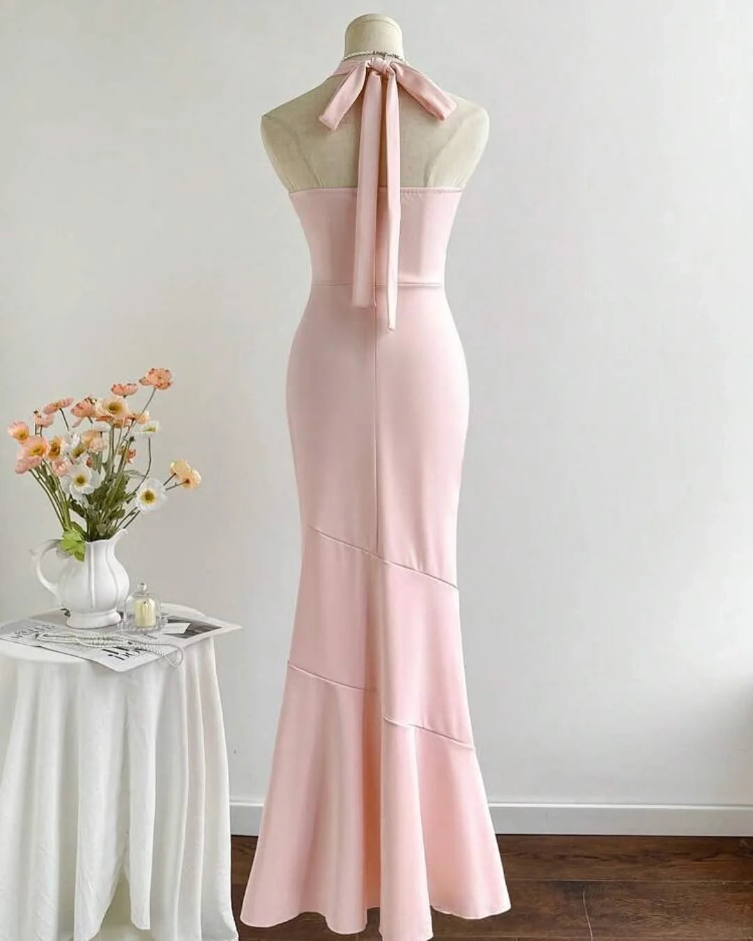 Elegant Mermaid Halter Sleeveless Ruched Blush Maxi Party Dress