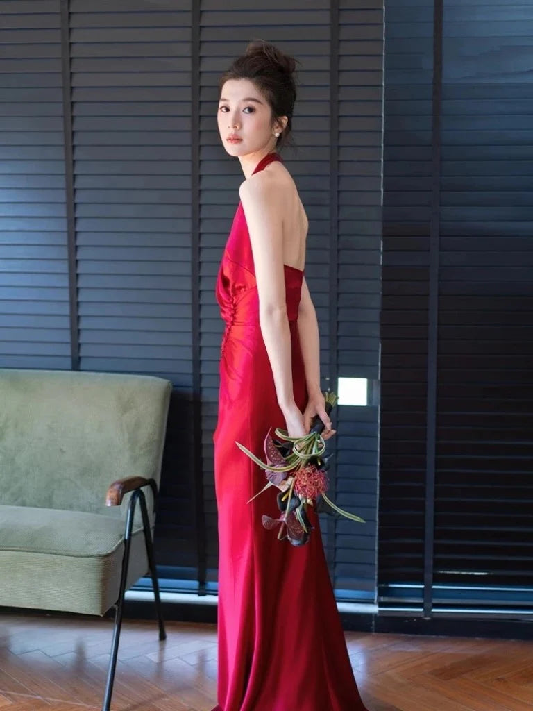 Elegant Mermaid Halter Sleeveless Ruched Red Maxi Prom Dress