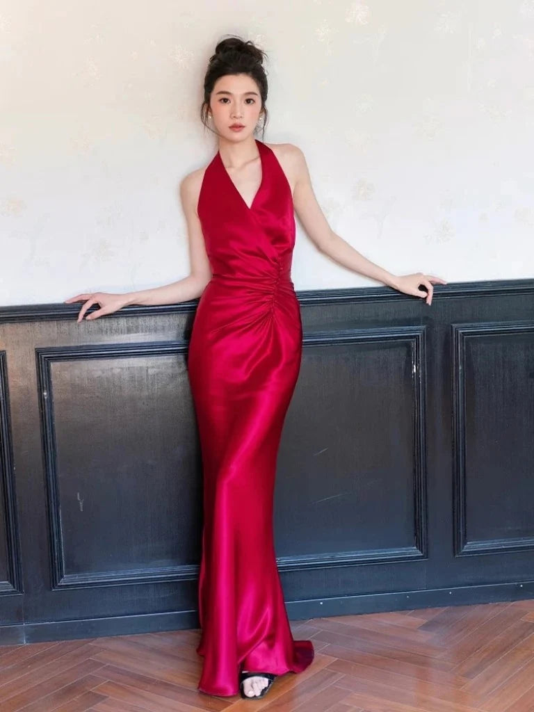 Elegant Mermaid Halter Sleeveless Ruched Red Maxi Prom Dress