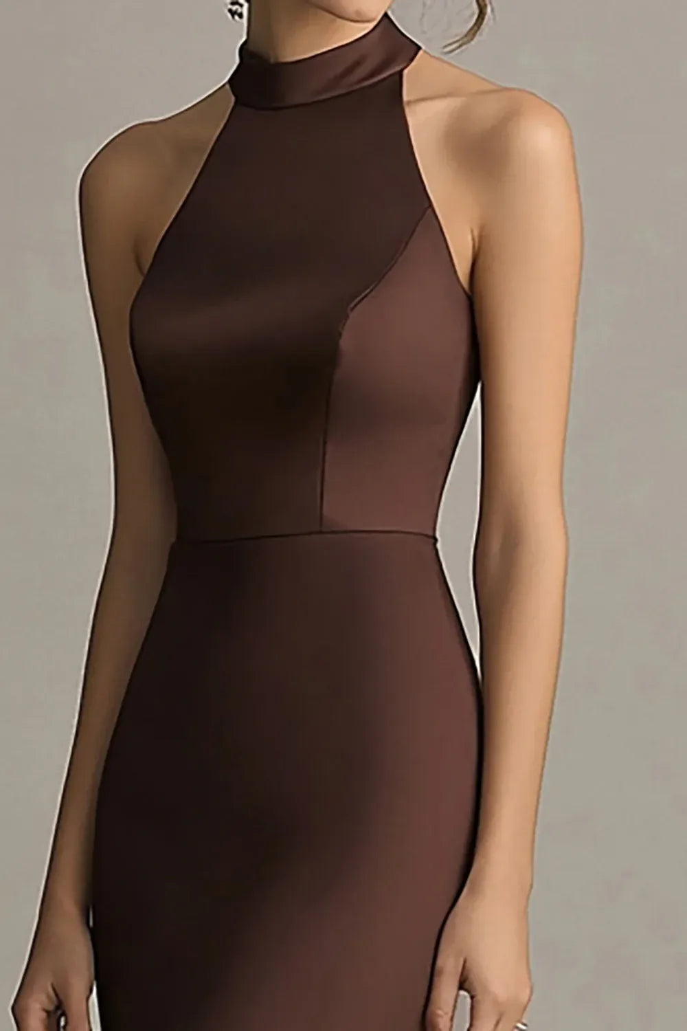 Elegant Mermaid Halter Sleeveless Satin Brown Floor Length Prom Dress