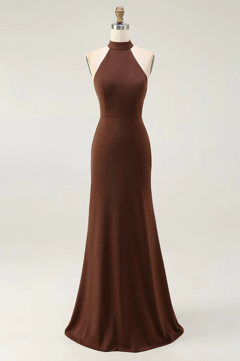 Elegant Mermaid Halter Sleeveless Satin Brown Floor Length Prom Dress
