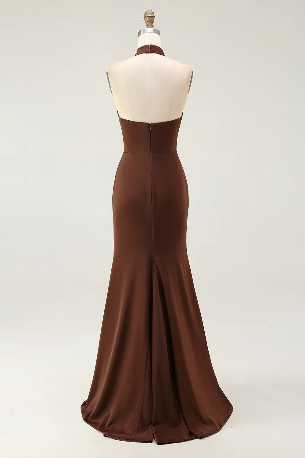 Elegant Mermaid Halter Sleeveless Satin Brown Floor Length Prom Dress