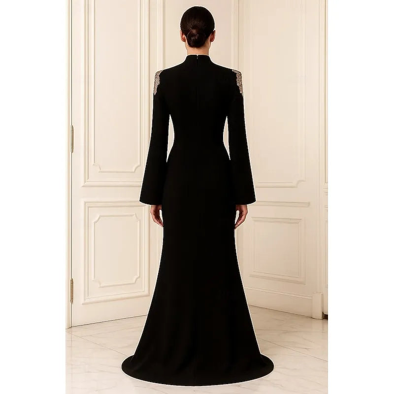 Elegant Mermaid High Neck Long Sleeve Applique Black Floor Length Evening Dress For Sale